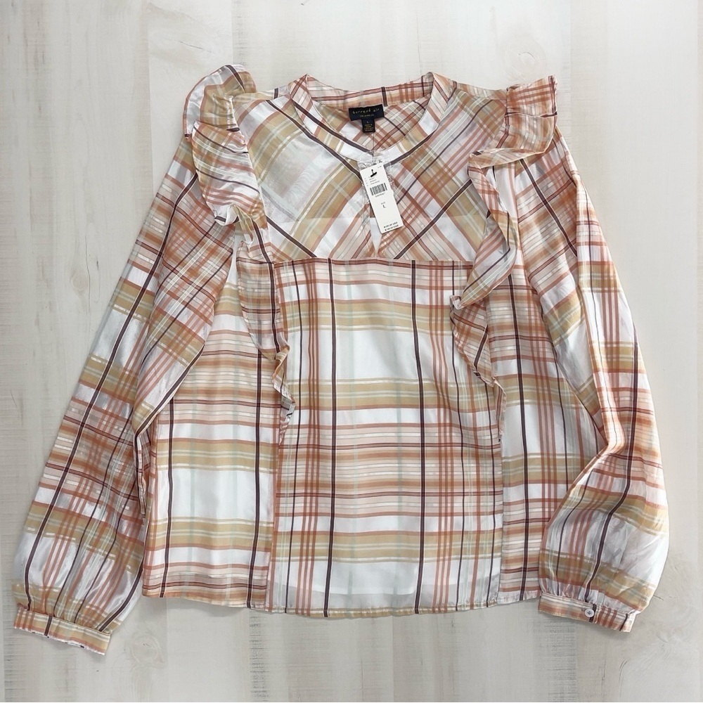 nwt ANTHROPOLOGIE current air ruffle plaid blouse top event work L